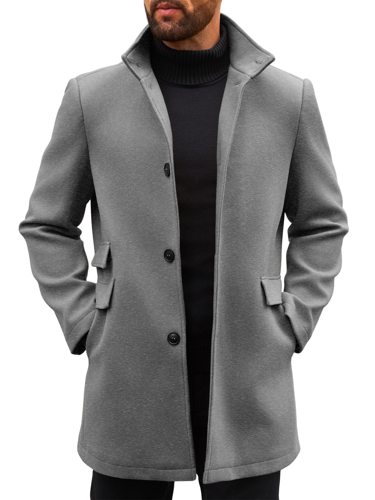 Runcati Mens Pea Coats Single Breasted Stand Collar Casual Slim Fit Trench Coat Mid Long Winter Overcoat with Pockets