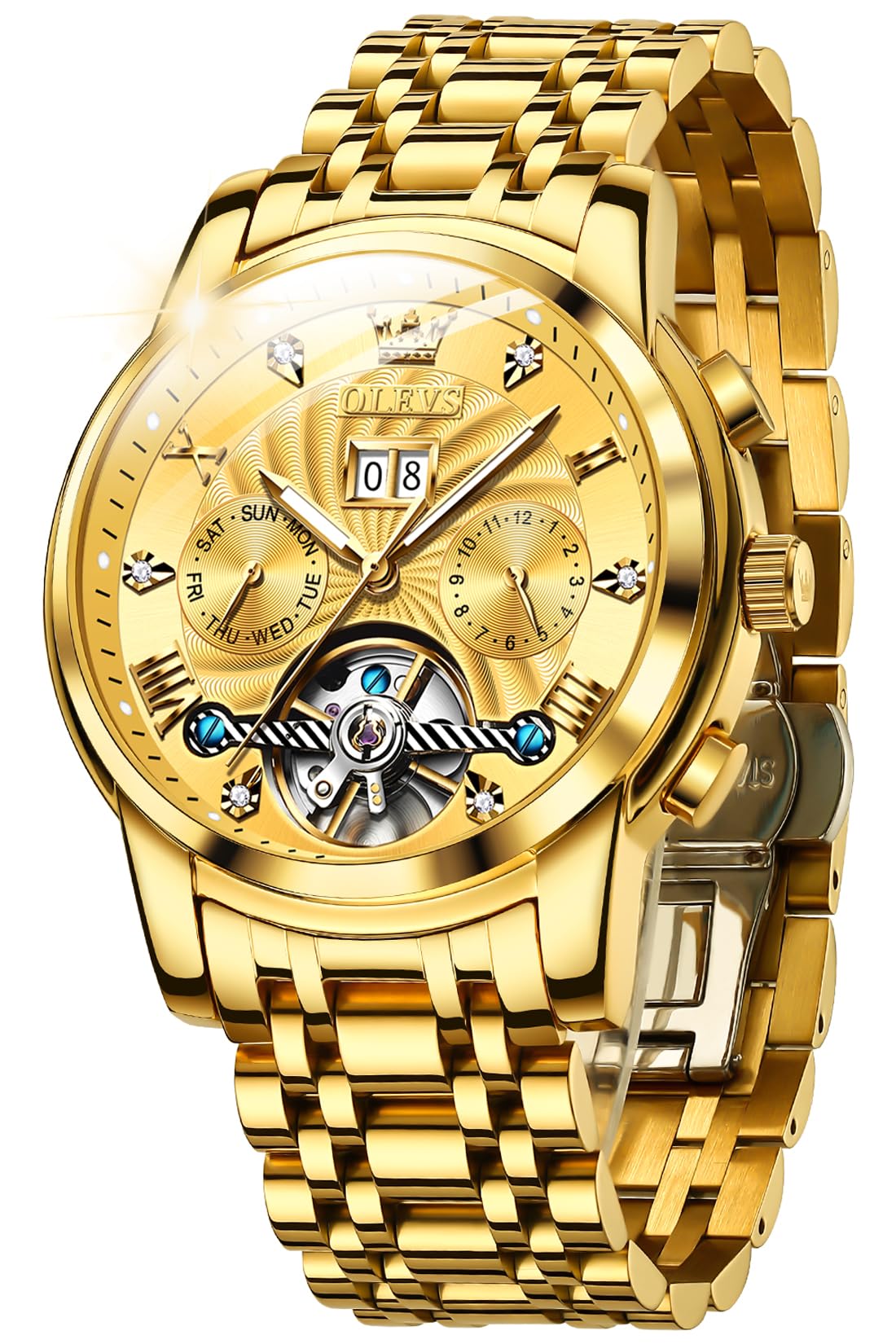OLEVS Automatic Gold Watches for Men Luxury Classic Stainless Steel Calendar Luminous Waterproof Watches for Men