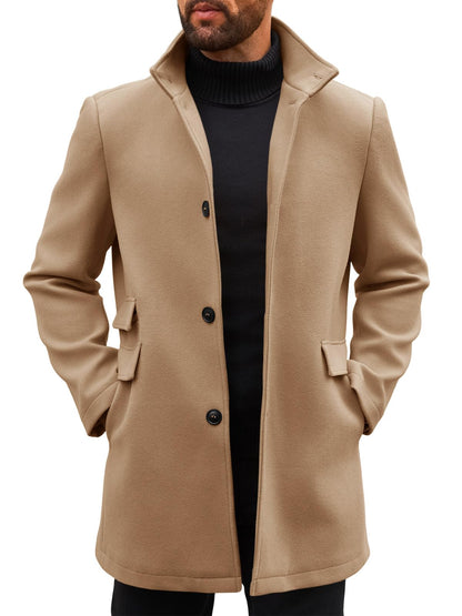 Runcati Mens Pea Coats Single Breasted Stand Collar Casual Slim Fit Trench Coat Mid Long Winter Overcoat with Pockets
