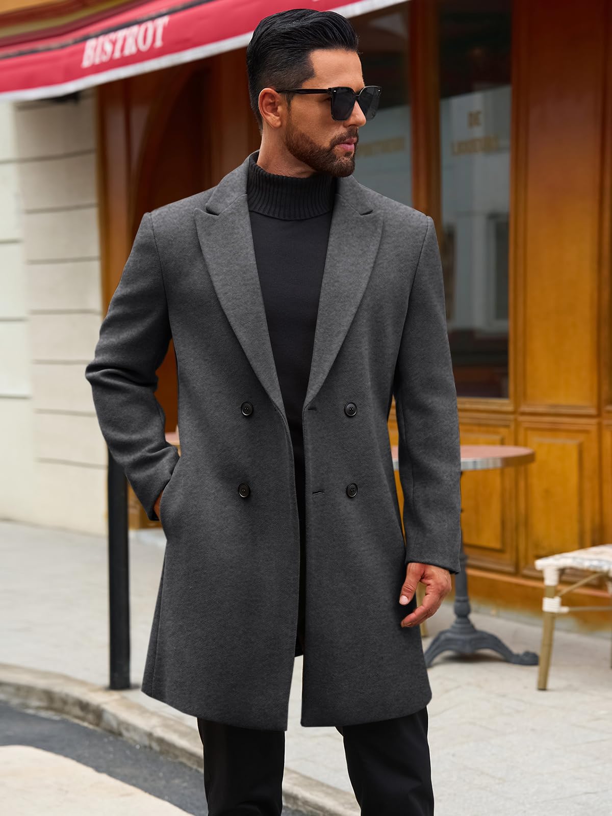 Runcati Mens Trench Coat Notched Lapel Double Breasted Mid Long Pea Coat Casual Fall Winter Classic Overcoat