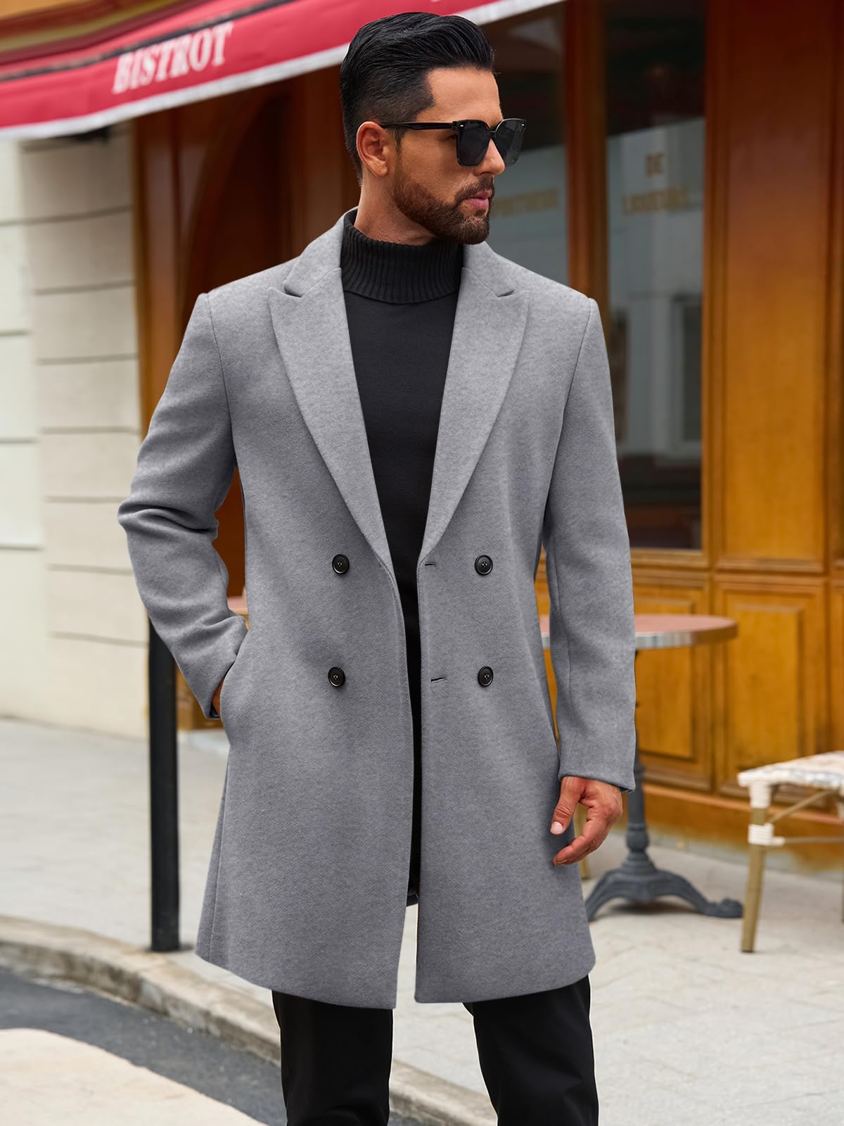 Runcati Mens Trench Coat Notched Lapel Double Breasted Mid Long Pea Coat Casual Fall Winter Classic Overcoat