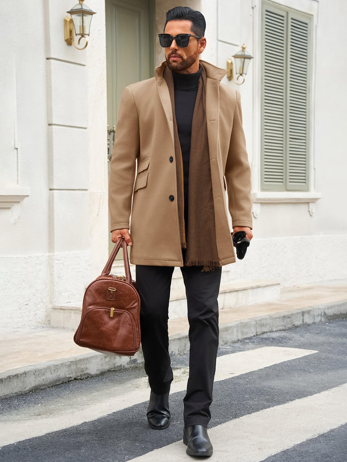 Runcati Mens Pea Coats Single Breasted Stand Collar Casual Slim Fit Trench Coat Mid Long Winter Overcoat with Pockets