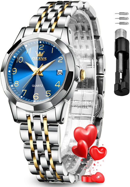 OLEVS Womens Watch Fashion Dress Diamond Female Watches for Ladies Analog Quartz Stainless Steel Waterproof Luminous Day Date Two Tone Wristwatch