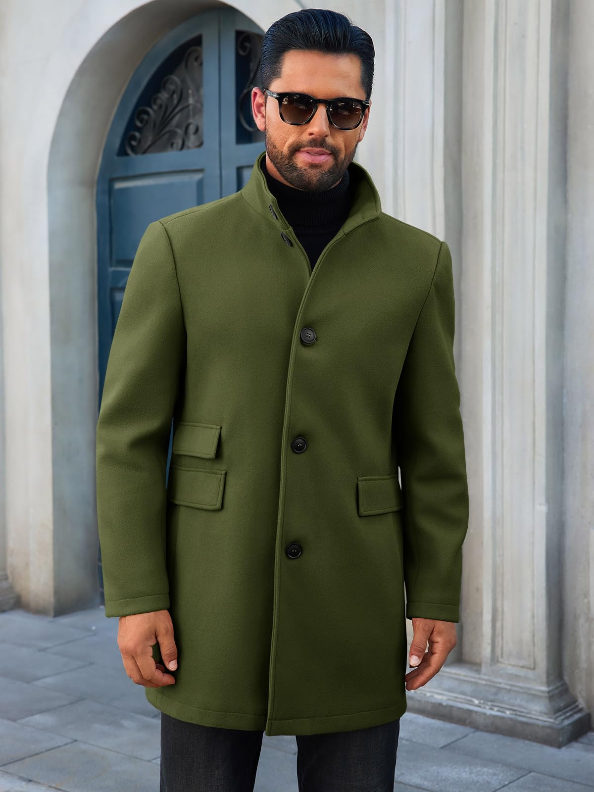 Runcati Mens Pea Coats Single Breasted Stand Collar Casual Slim Fit Trench Coat Mid Long Winter Overcoat with Pockets