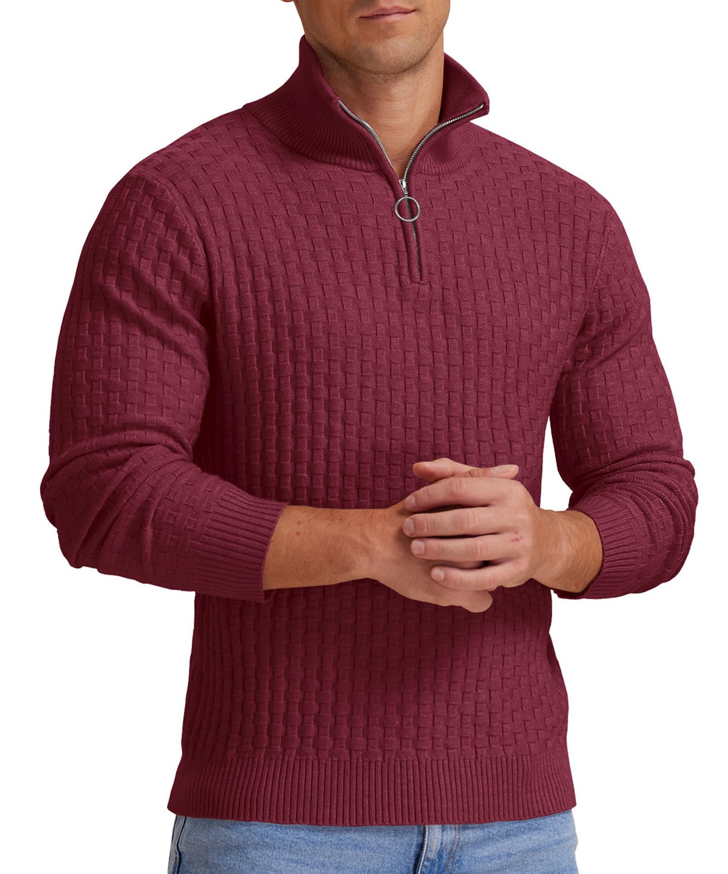 Askdeer Men's Quarter Zip Sweater Waffle Knit Sweater Mock Neck Polo Sweater Casual Pullover Sweater with Ribbing Edge