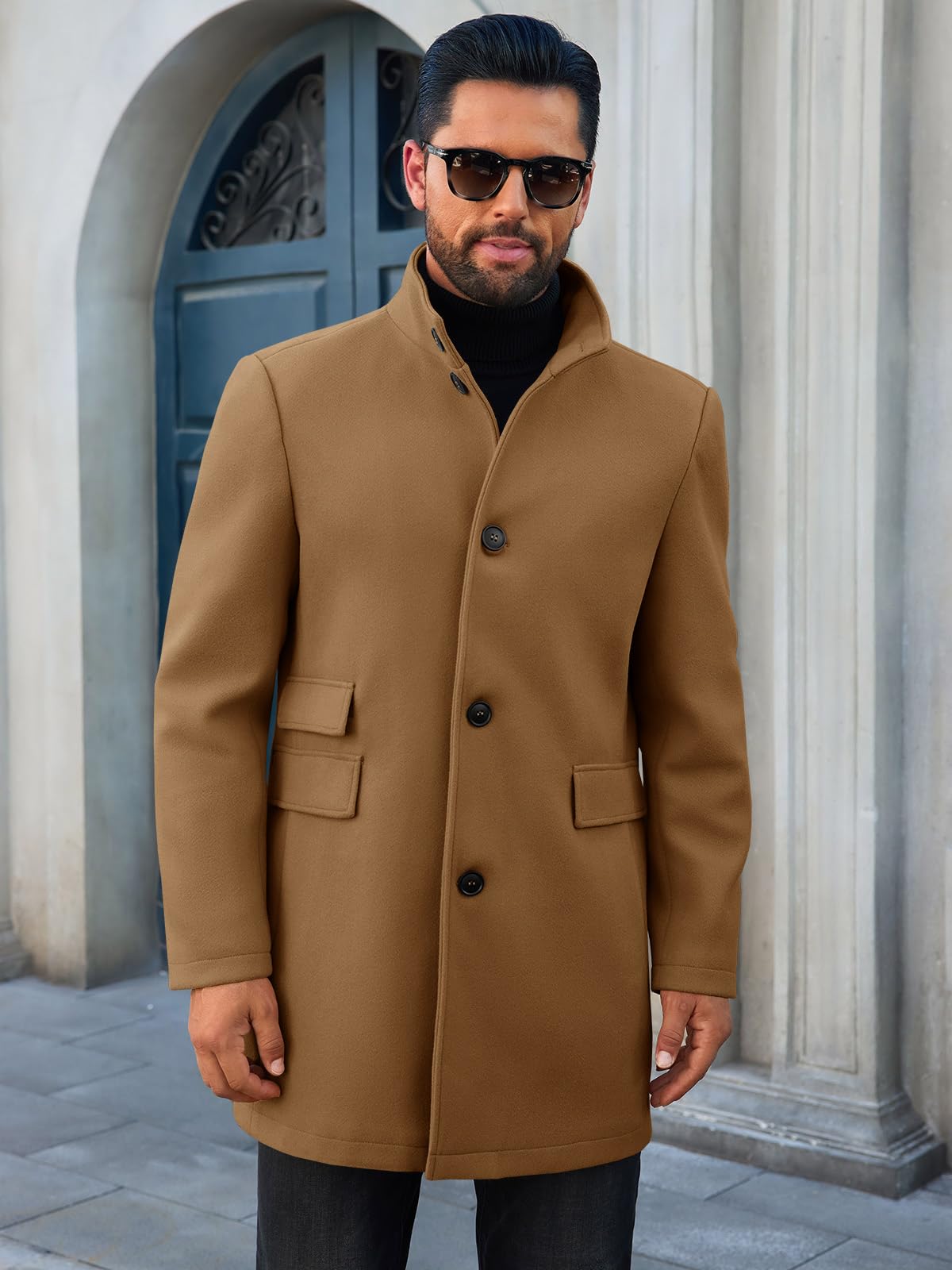 Runcati Mens Pea Coats Single Breasted Stand Collar Casual Slim Fit Trench Coat Mid Long Winter Overcoat with Pockets