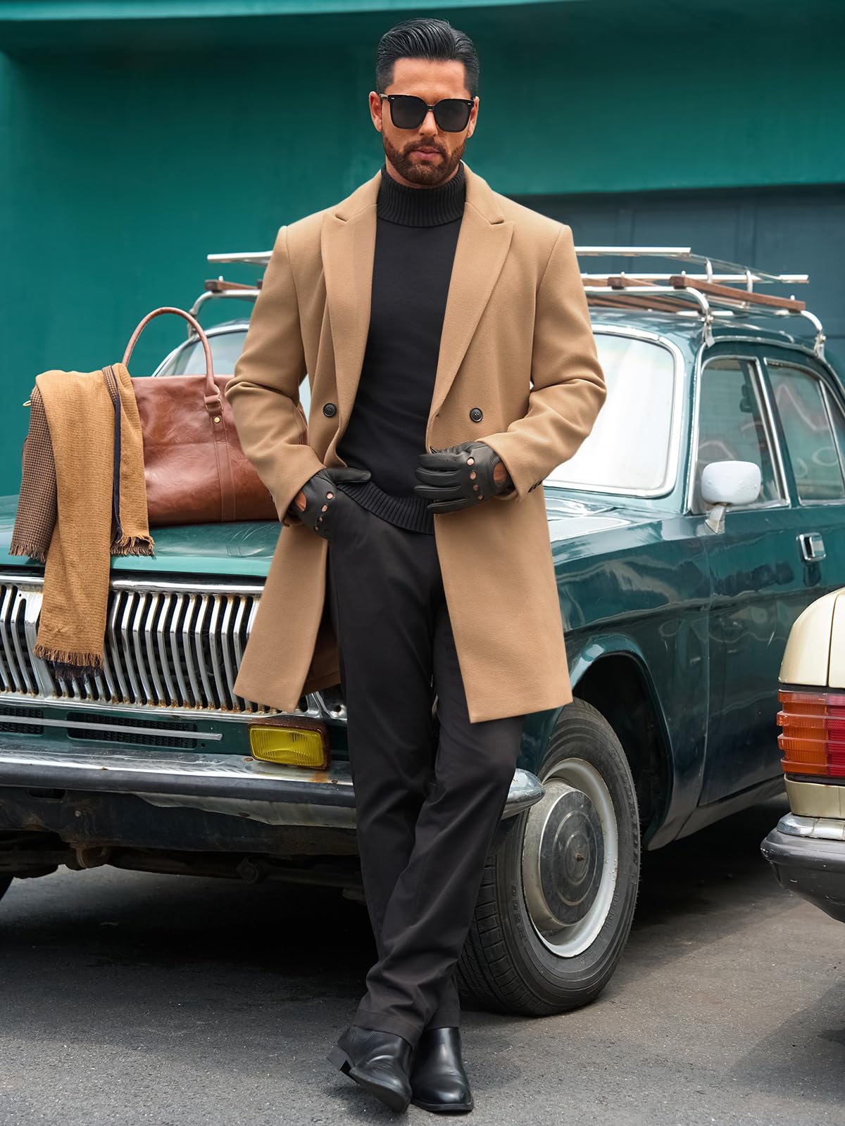 Runcati Mens Trench Coat Notched Lapel Double Breasted Mid Long Pea Coat Casual Fall Winter Classic Overcoat