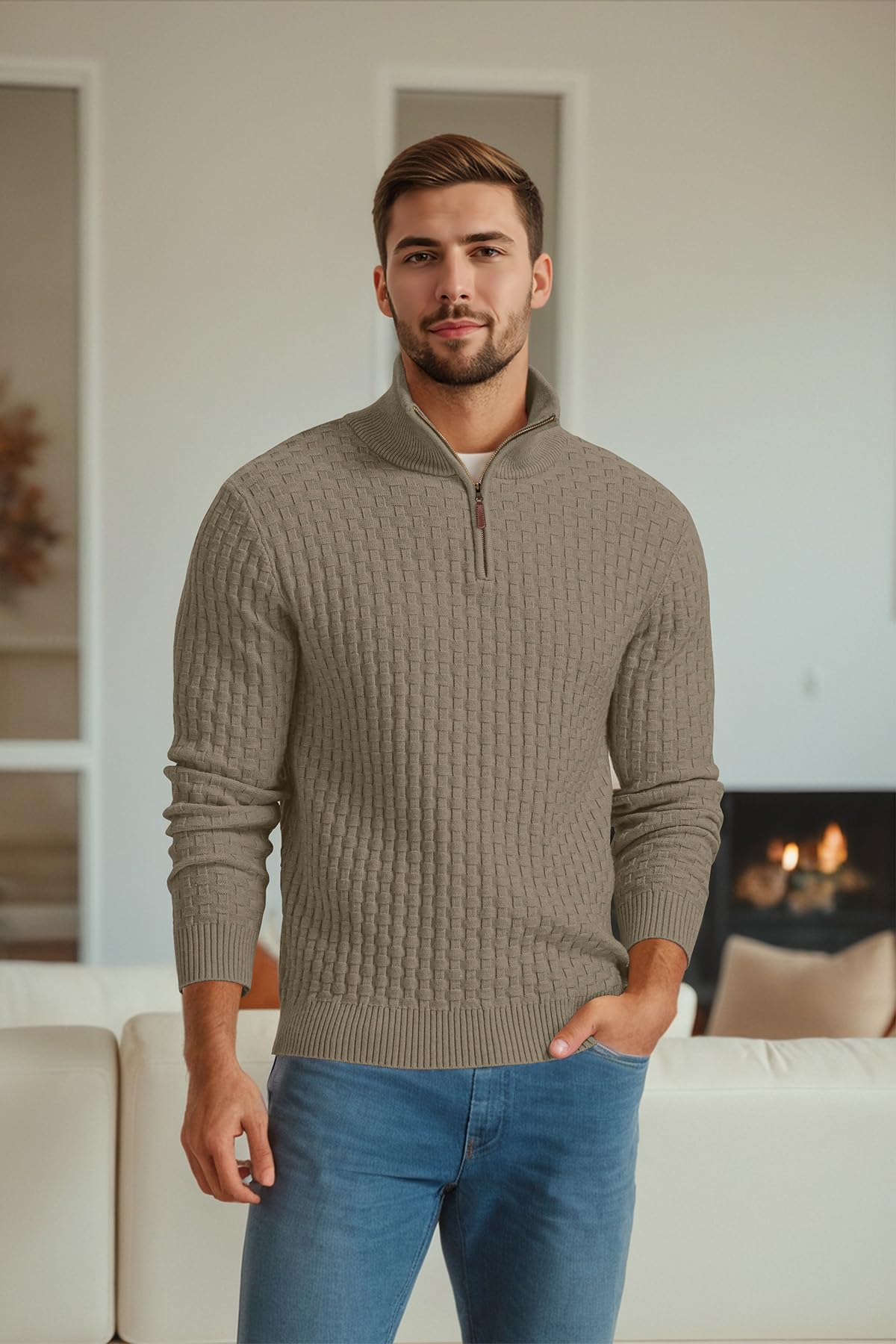 Askdeer Men's Quarter Zip Sweater Waffle Knit Sweater Mock Neck Polo Sweater Casual Pullover Sweater with Ribbing Edge