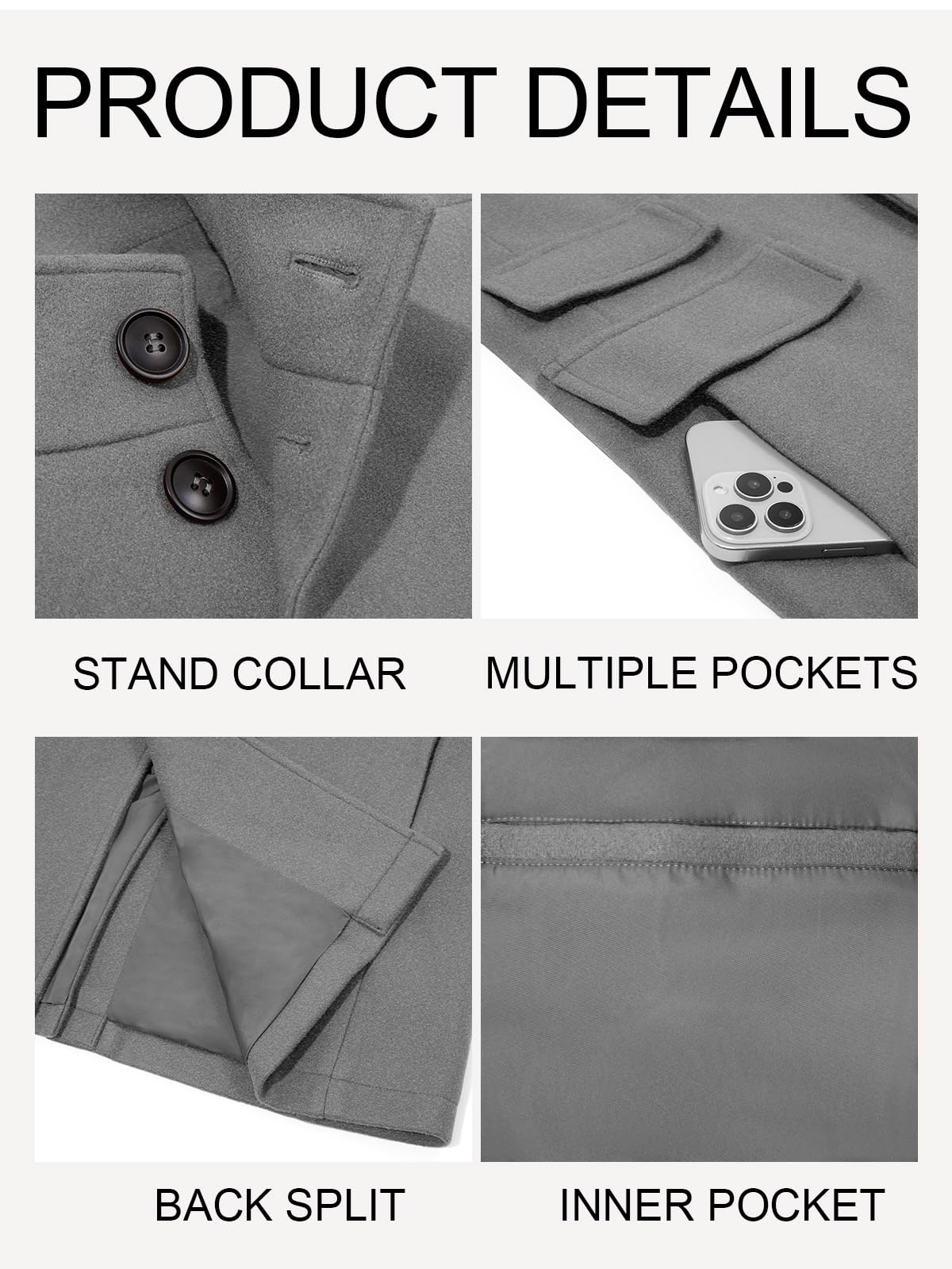 Runcati Mens Pea Coats Single Breasted Stand Collar Casual Slim Fit Trench Coat Mid Long Winter Overcoat with Pockets