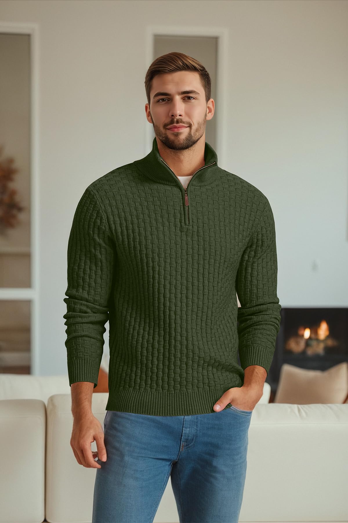 Askdeer Men's Quarter Zip Sweater Waffle Knit Sweater Mock Neck Polo Sweater Casual Pullover Sweater with Ribbing Edge