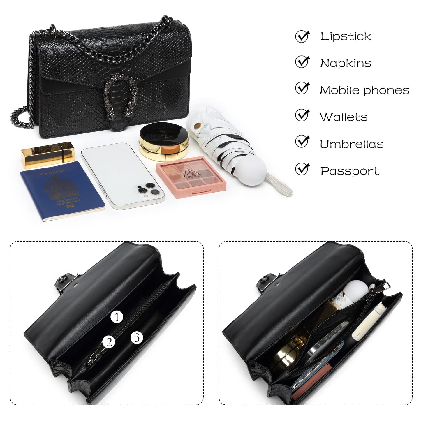 MYHOZEE Crossbody Bags for Women - Snake Printed Clutch Purses Leather Chain Shoulder Bags Evening Handbags