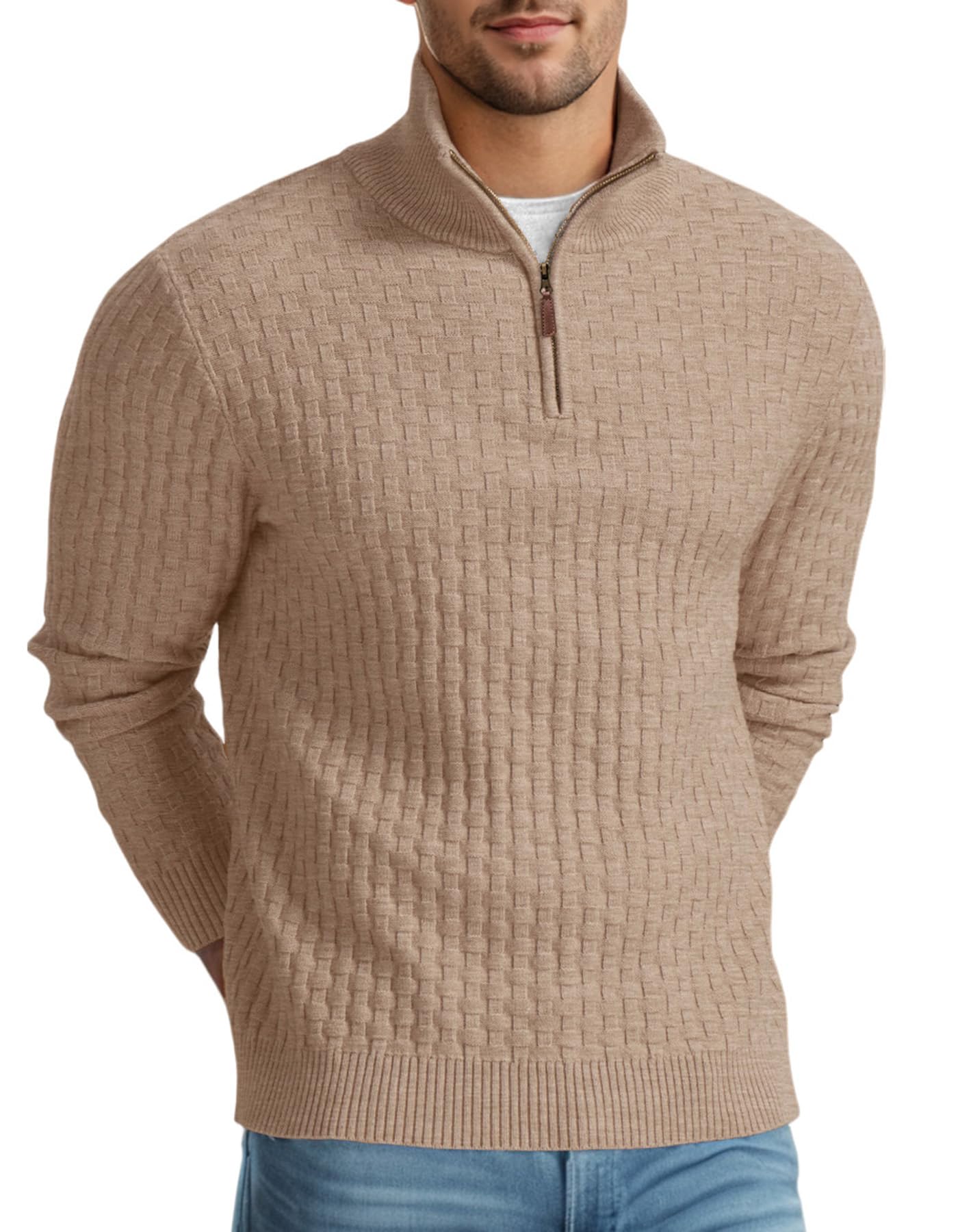 Askdeer Men's Quarter Zip Sweater Waffle Knit Sweater Mock Neck Polo Sweater Casual Pullover Sweater with Ribbing Edge