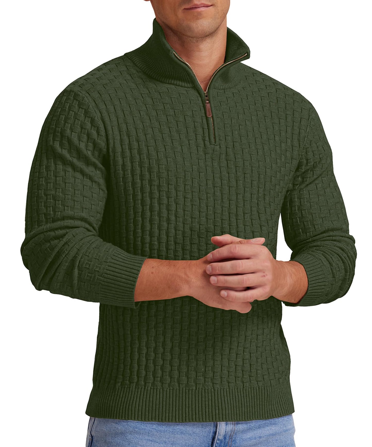 Askdeer Men's Quarter Zip Sweater Waffle Knit Sweater Mock Neck Polo Sweater Casual Pullover Sweater with Ribbing Edge