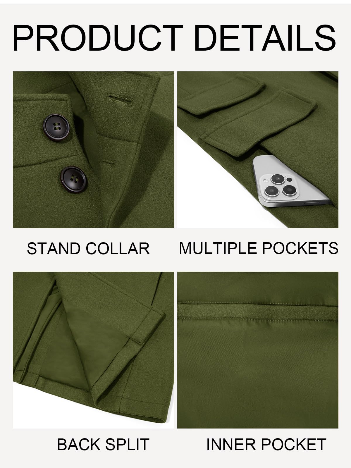 Runcati Mens Pea Coats Single Breasted Stand Collar Casual Slim Fit Trench Coat Mid Long Winter Overcoat with Pockets