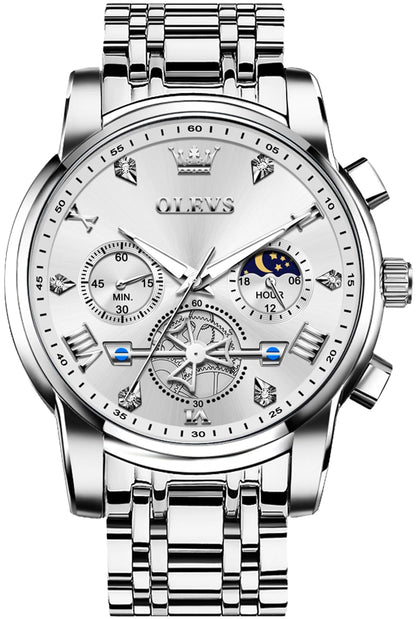 OLEVS Watches Men Waterproof Luxury Big Face Mens Watch Stainless Steel Quartz Analog Dress Watches for Men Luminous Multifunction Man Watch Relojes De Hombre