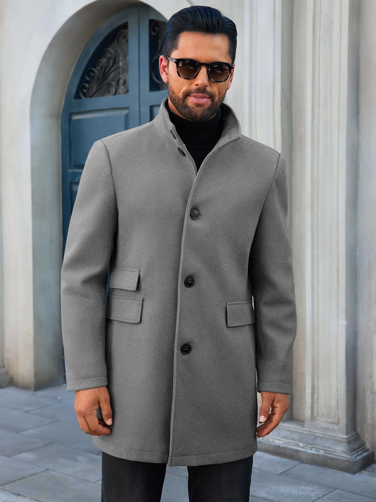 Runcati Mens Pea Coats Single Breasted Stand Collar Casual Slim Fit Trench Coat Mid Long Winter Overcoat with Pockets