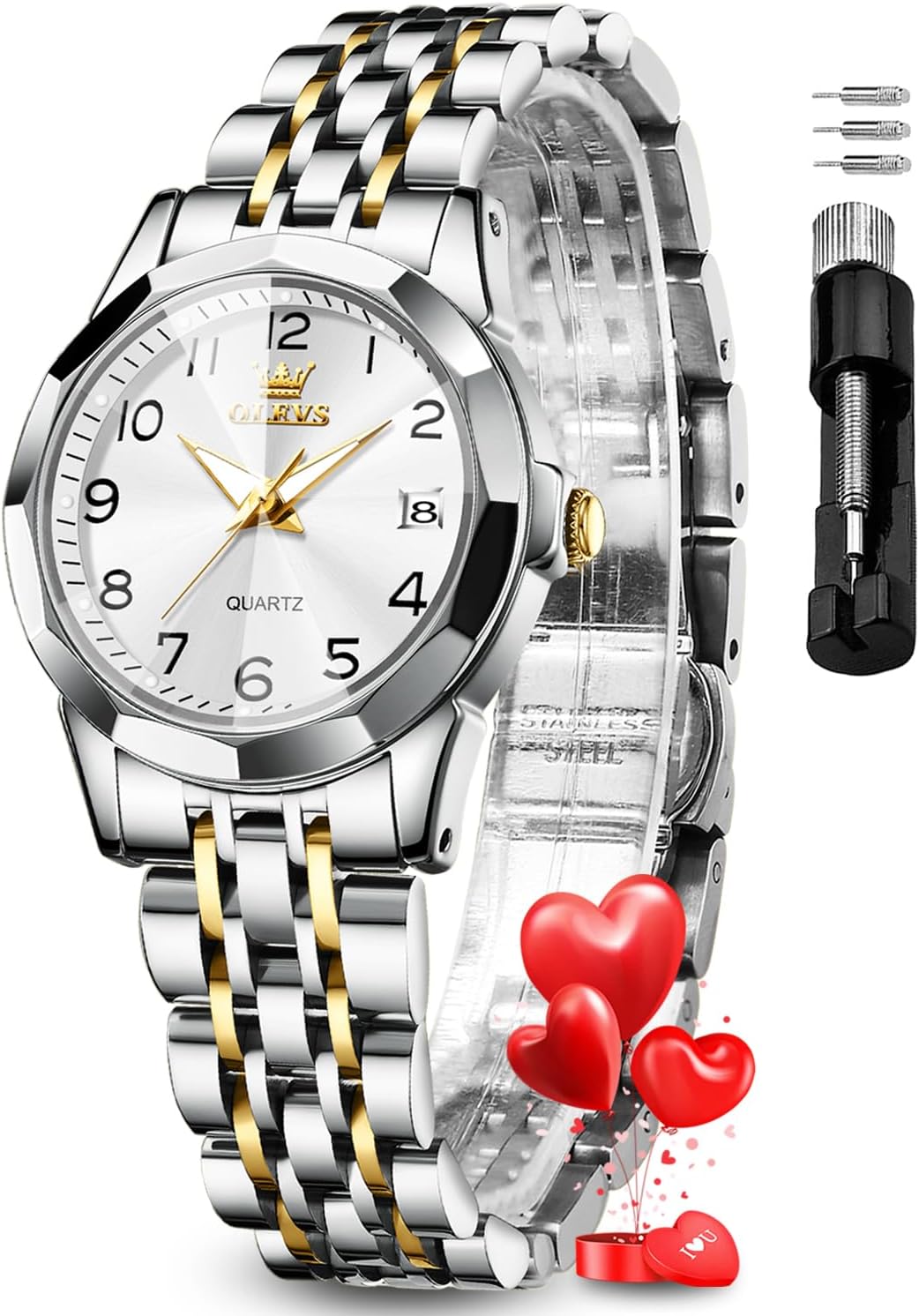 OLEVS Womens Watch Fashion Dress Diamond Female Watches for Ladies Analog Quartz Stainless Steel Waterproof Luminous Day Date Two Tone Wristwatch