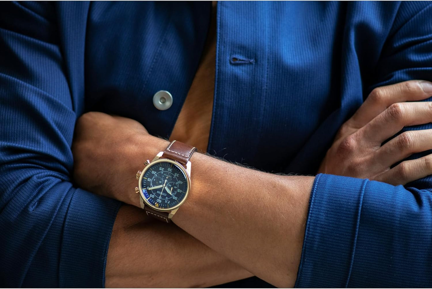 Citizen Men's Eco-Drive Chronograph Sport Casual Avion Watch, Rose Gold Stainless Steel with Brown Leather Strap, Blue Dial (Model: CA4213-18L)