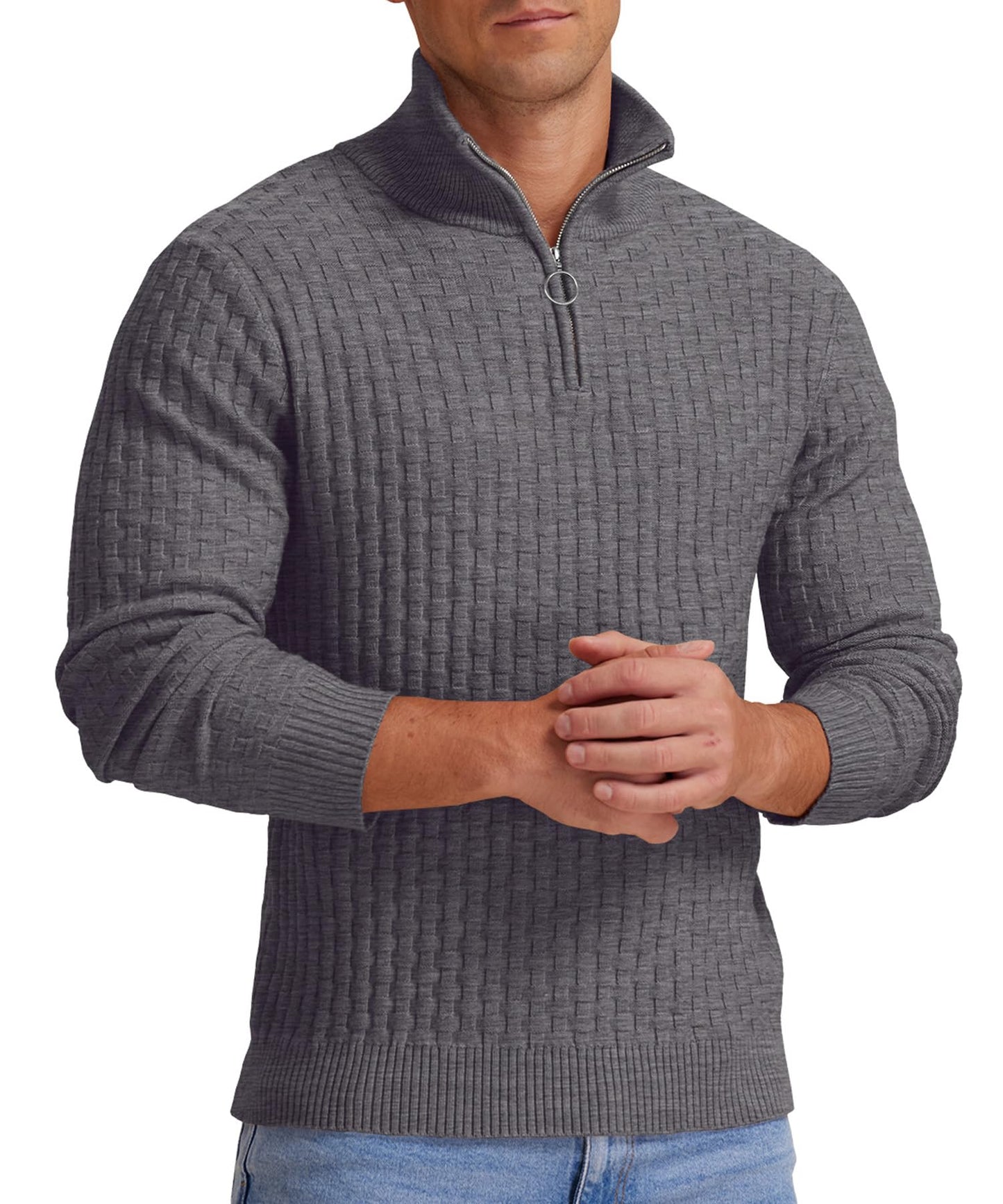 Askdeer Men's Quarter Zip Sweater Waffle Knit Sweater Mock Neck Polo Sweater Casual Pullover Sweater with Ribbing Edge