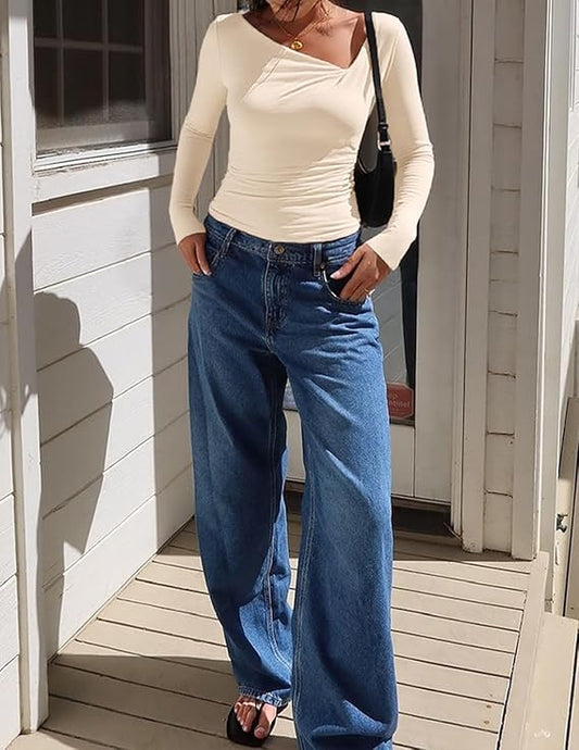 ZESICA Women's Long Sleeve Asymmetrical Neck Ruched Slim Fit Shirts 2025 Fall Fashion Casual Tee Going Out Tops