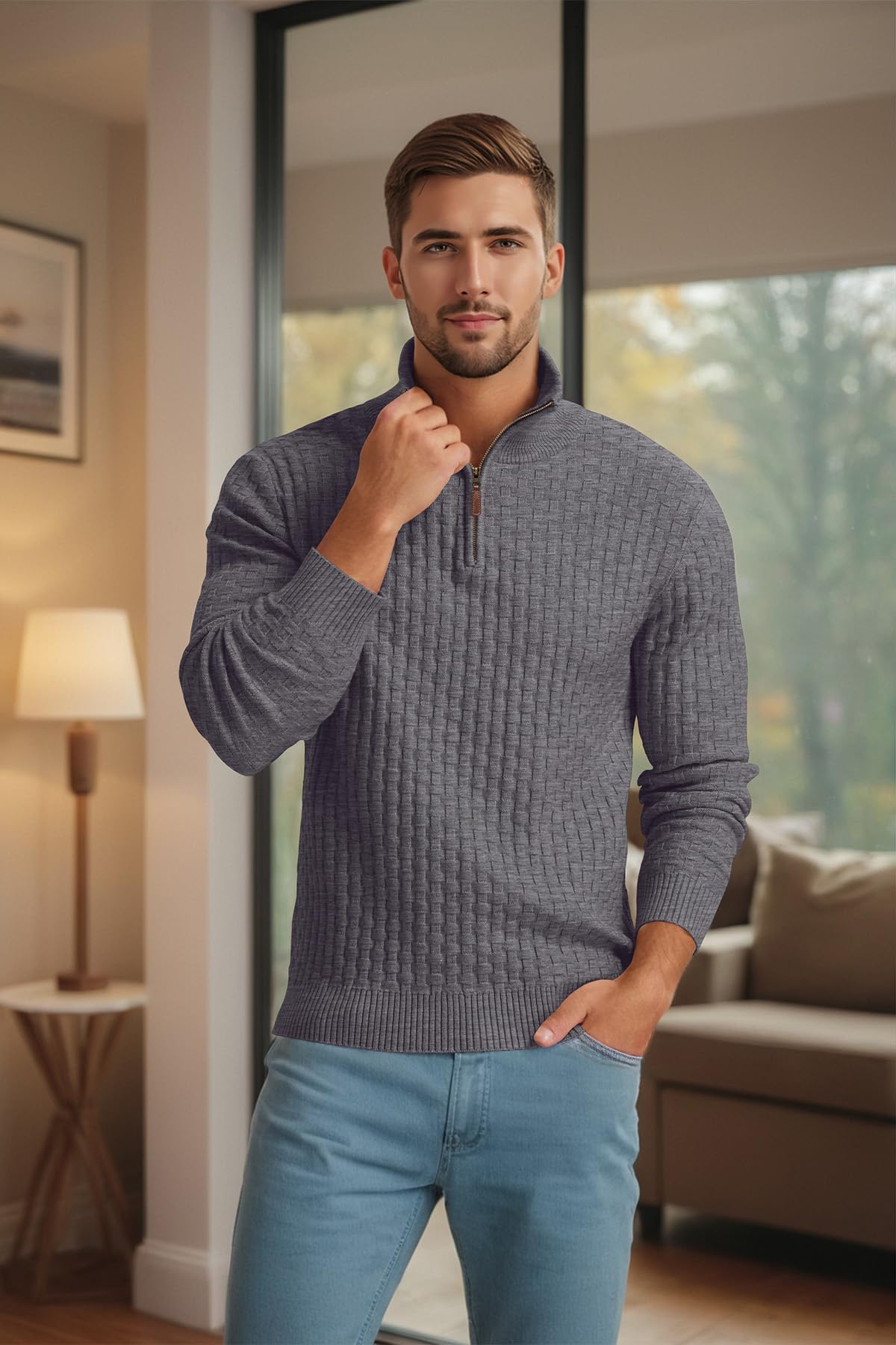 Askdeer Men's Quarter Zip Sweater Waffle Knit Sweater Mock Neck Polo Sweater Casual Pullover Sweater with Ribbing Edge