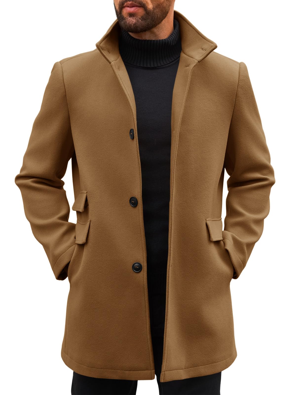 Runcati Mens Pea Coats Single Breasted Stand Collar Casual Slim Fit Trench Coat Mid Long Winter Overcoat with Pockets