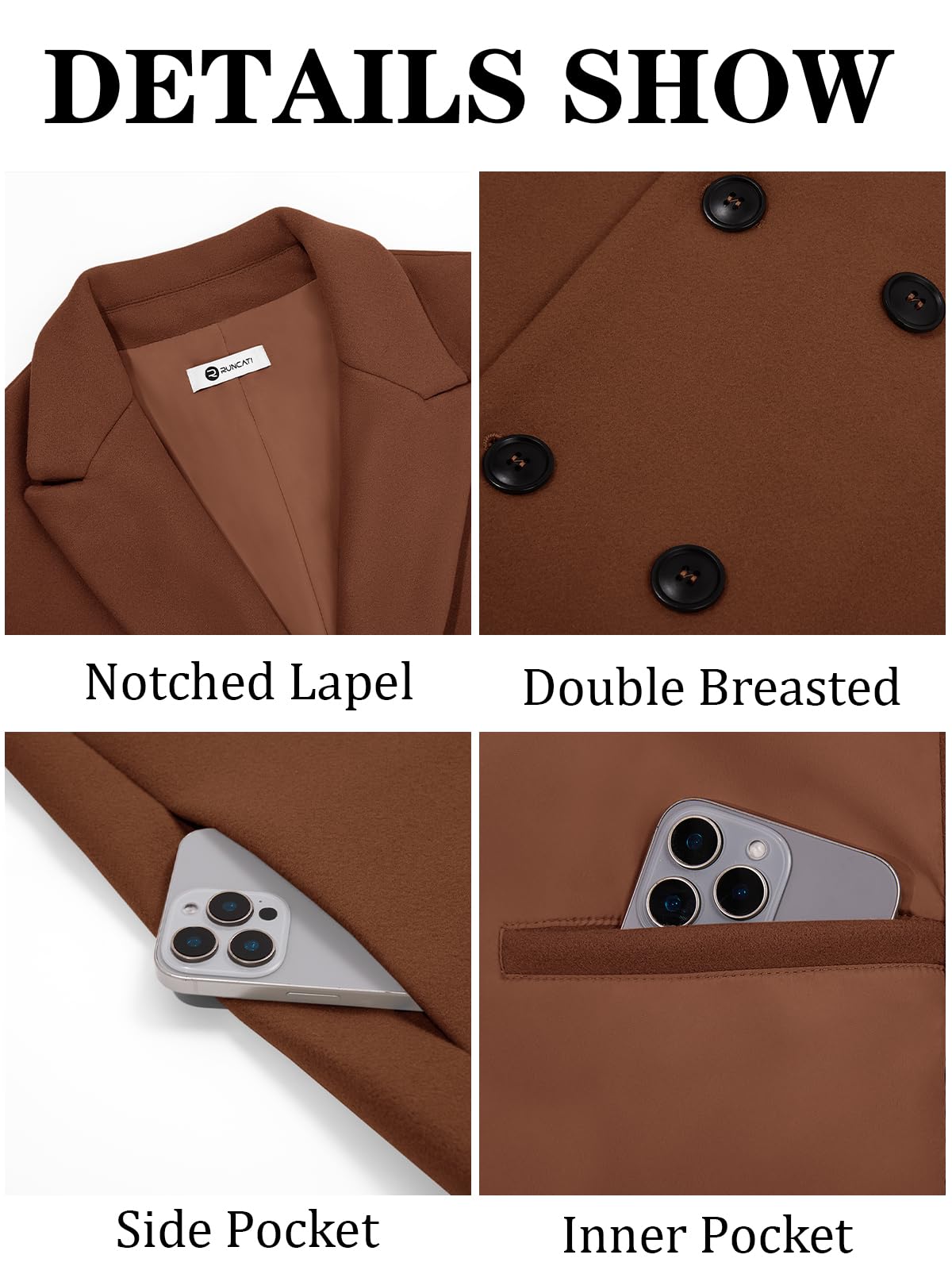 Runcati Mens Trench Coat Notched Lapel Double Breasted Mid Long Pea Coat Casual Fall Winter Classic Overcoat