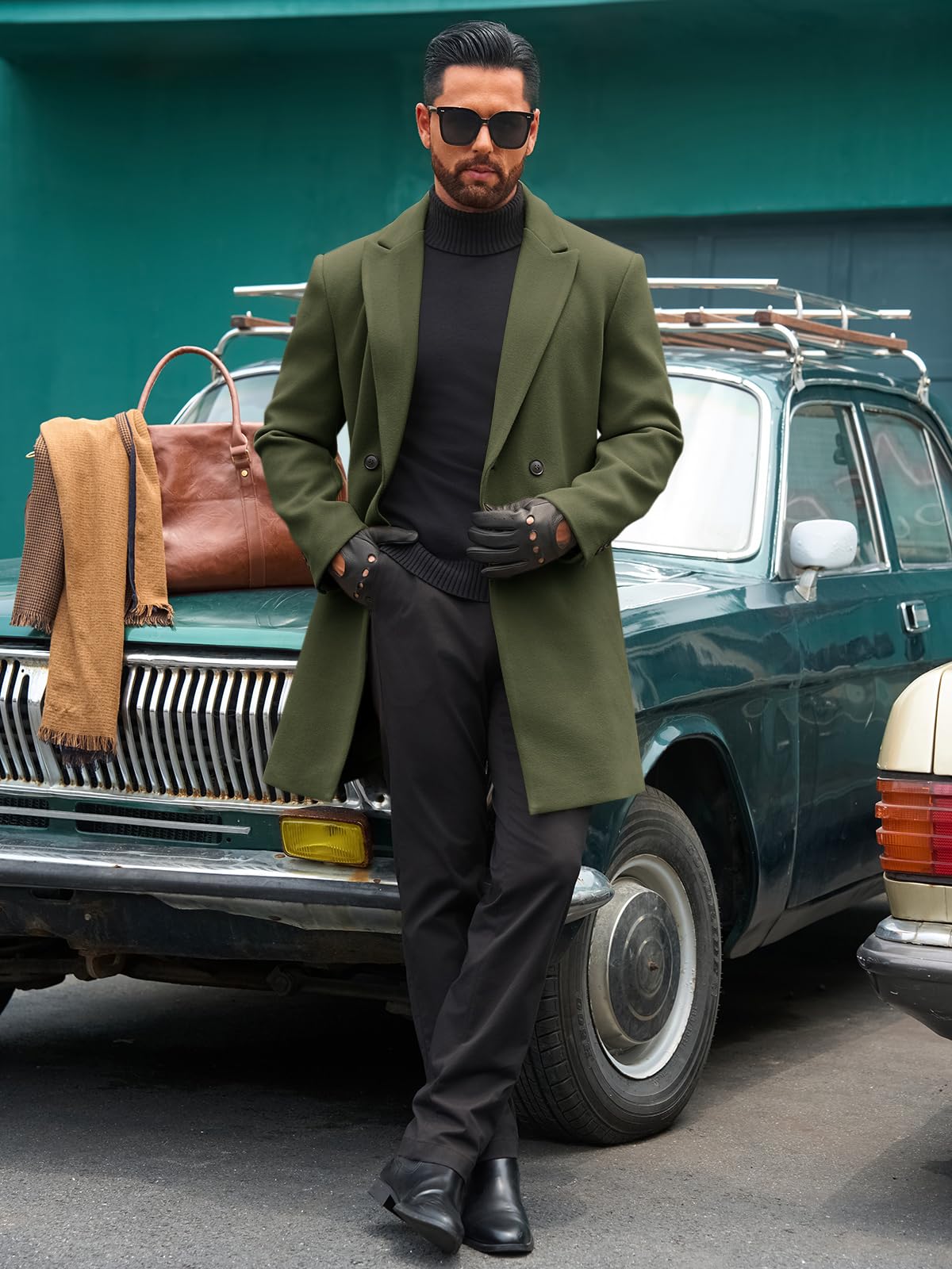 Runcati Mens Trench Coat Notched Lapel Double Breasted Mid Long Pea Coat Casual Fall Winter Classic Overcoat