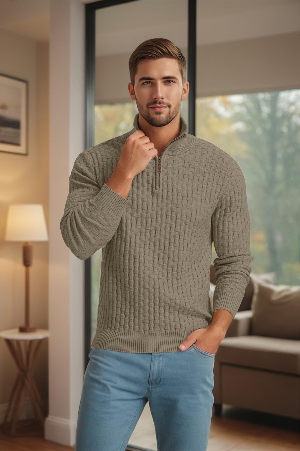 Askdeer Men's Quarter Zip Sweater Waffle Knit Sweater Mock Neck Polo Sweater Casual Pullover Sweater with Ribbing Edge