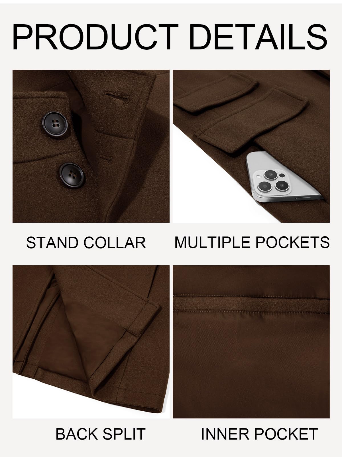 Runcati Mens Pea Coats Single Breasted Stand Collar Casual Slim Fit Trench Coat Mid Long Winter Overcoat with Pockets