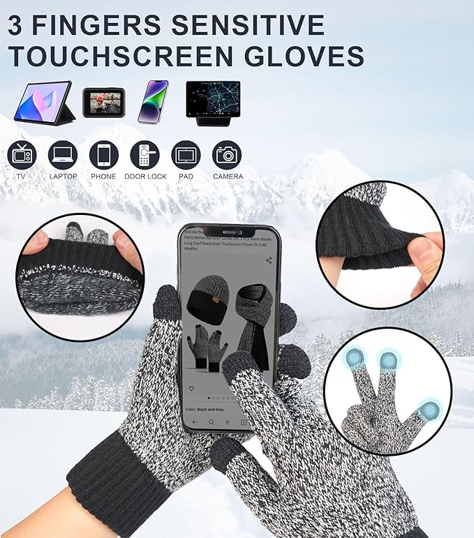 Men's Winter Hat Scarf Gloves Set, 3 PCS Warm Beanie Long Scarf Fleece Lined Touchscreen Gloves for Cold Weather