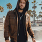 FLAVOR Men Brown Leather Motorcycle Jacket with Removable Hood