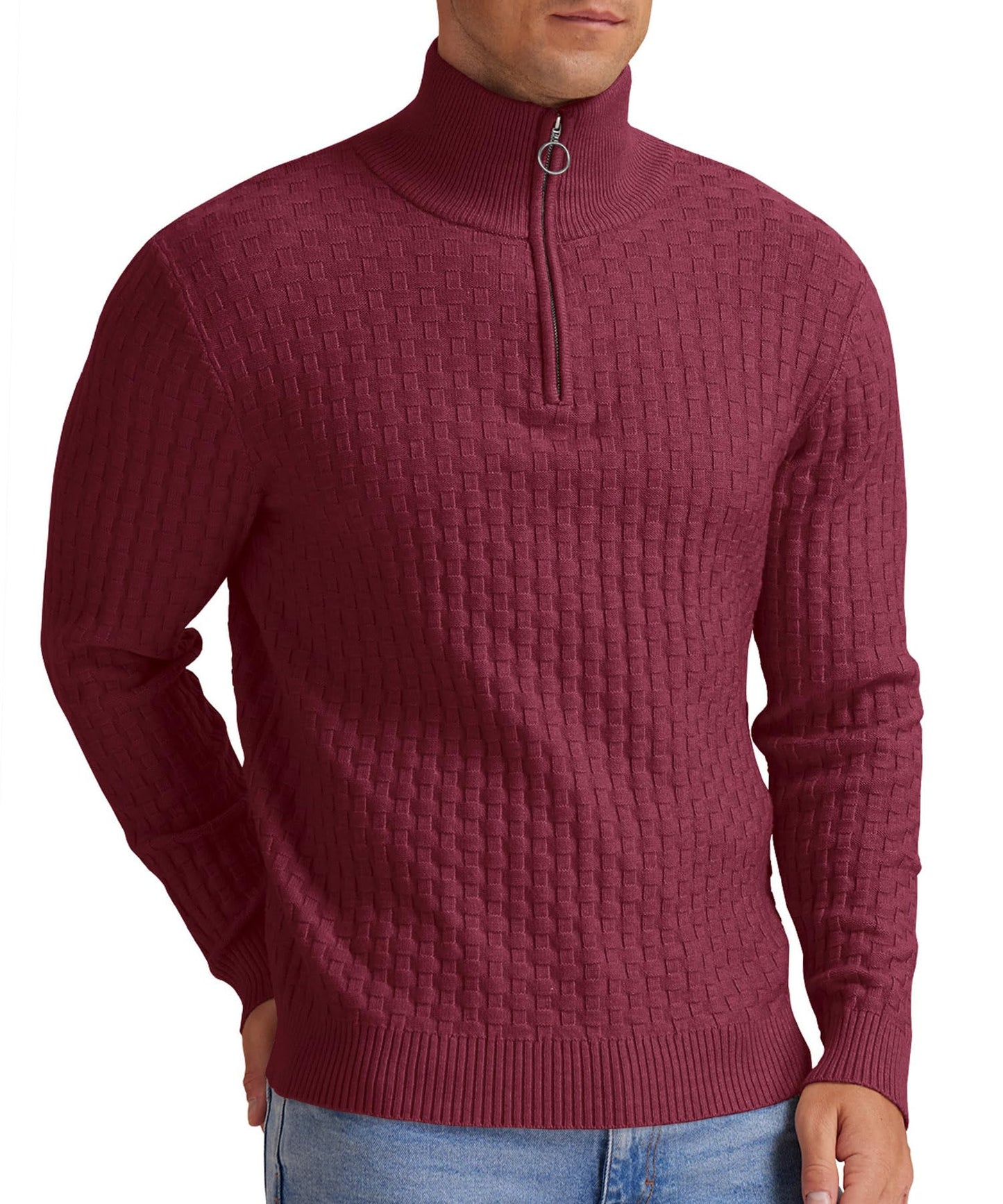 Askdeer Men's Quarter Zip Sweater Waffle Knit Sweater Mock Neck Polo Sweater Casual Pullover Sweater with Ribbing Edge