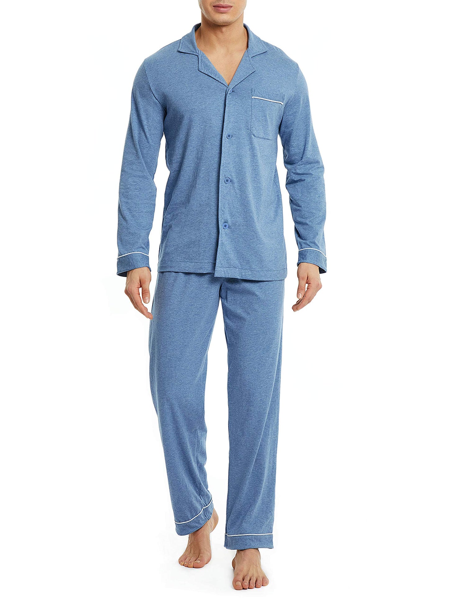DAVID ARCHY Mens Pajamas Set Soft Cotton Notched Collar Pajamas for Men Long Sleeve Mens Sleepwear with Pockets & Front Fly