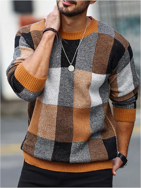 OYOANGLE Men's Color Block Plaid Print Long Sleeve Crew Neck Sweater Pullover Tops