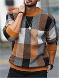 OYOANGLE Men's Color Block Plaid Print Long Sleeve Crew Neck Sweater Pullover Tops