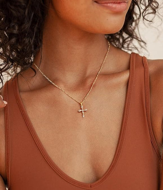 Cross Necklace for Women,Double Cross Necklace 14K Gold Plated Cross Pendant Necklace