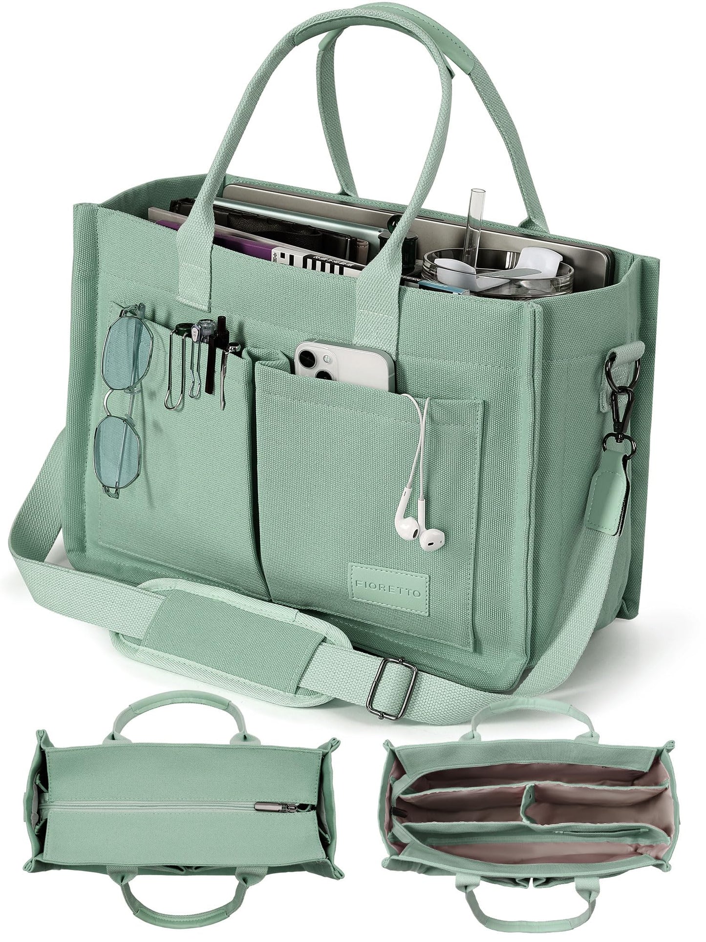 FIORETTO Canvas Tote Bag for Women with Zipper Closure & Individual Compartments for Work College for Teacher & Nurse