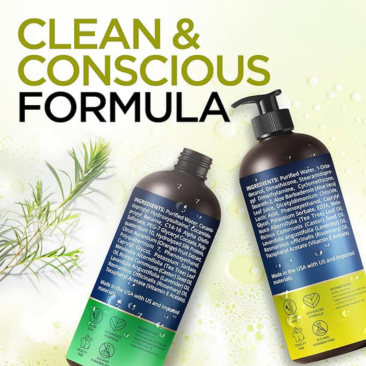 Tea Tree Rosemary Shampoo and Conditioner Set with Castor Oil for All Hair Types - Effective Cleanse and Supports Scalp Health for Women & Men Paraben & Sulfate Free (16 Oz Each)