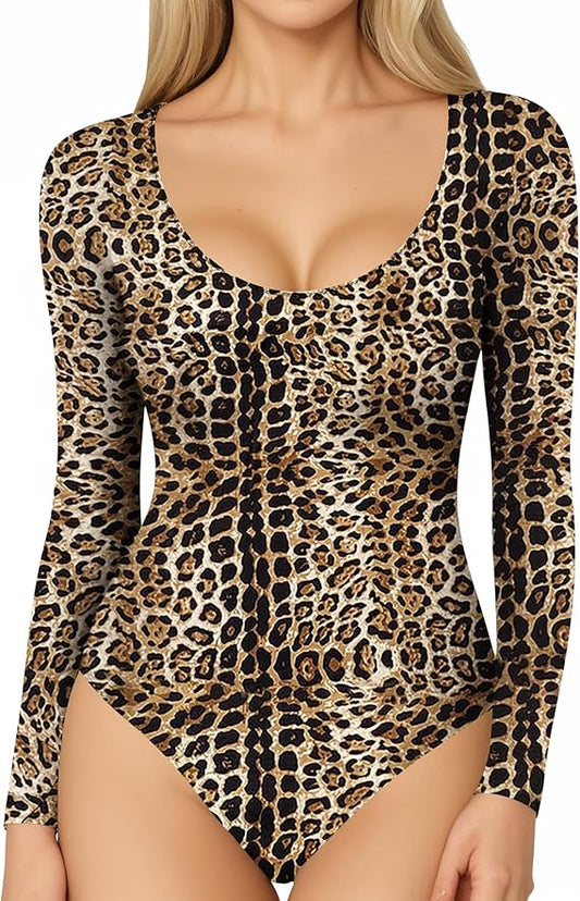 MANGOPOP Long Short Sleeve Bodysuits for Women Scoop Neck Ribbed Body Suit Stretchy Basic T Shirt Tops