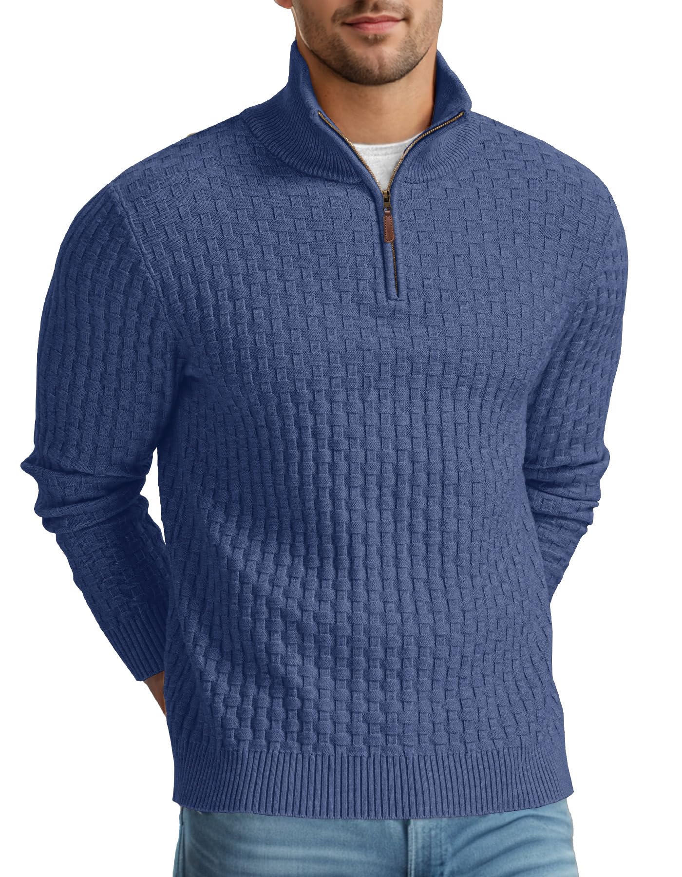 Askdeer Men's Quarter Zip Sweater Waffle Knit Sweater Mock Neck Polo Sweater Casual Pullover Sweater with Ribbing Edge