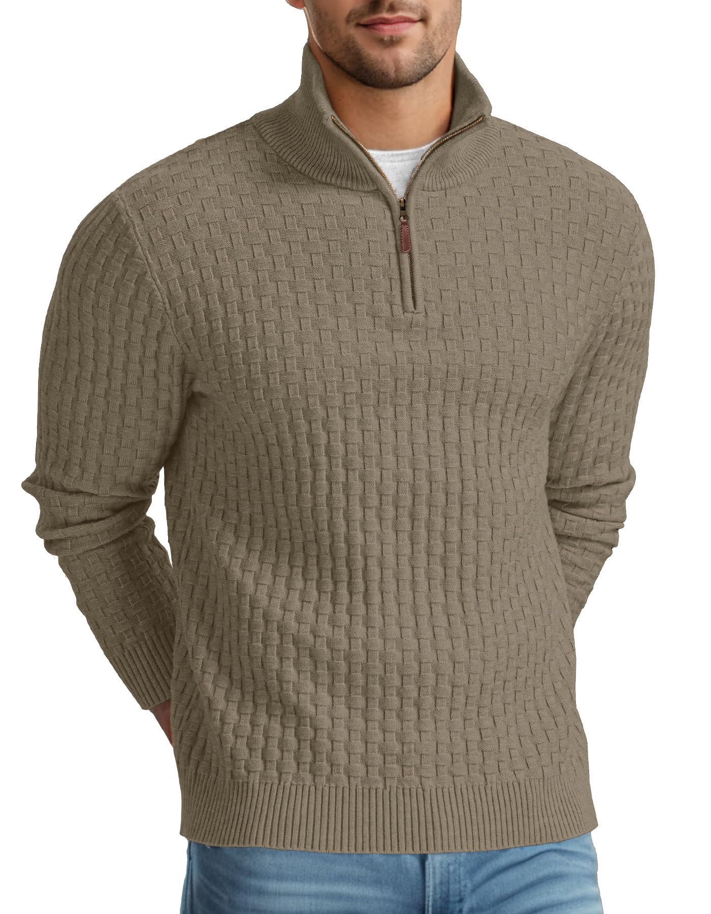 Askdeer Men's Quarter Zip Sweater Waffle Knit Sweater Mock Neck Polo Sweater Casual Pullover Sweater with Ribbing Edge