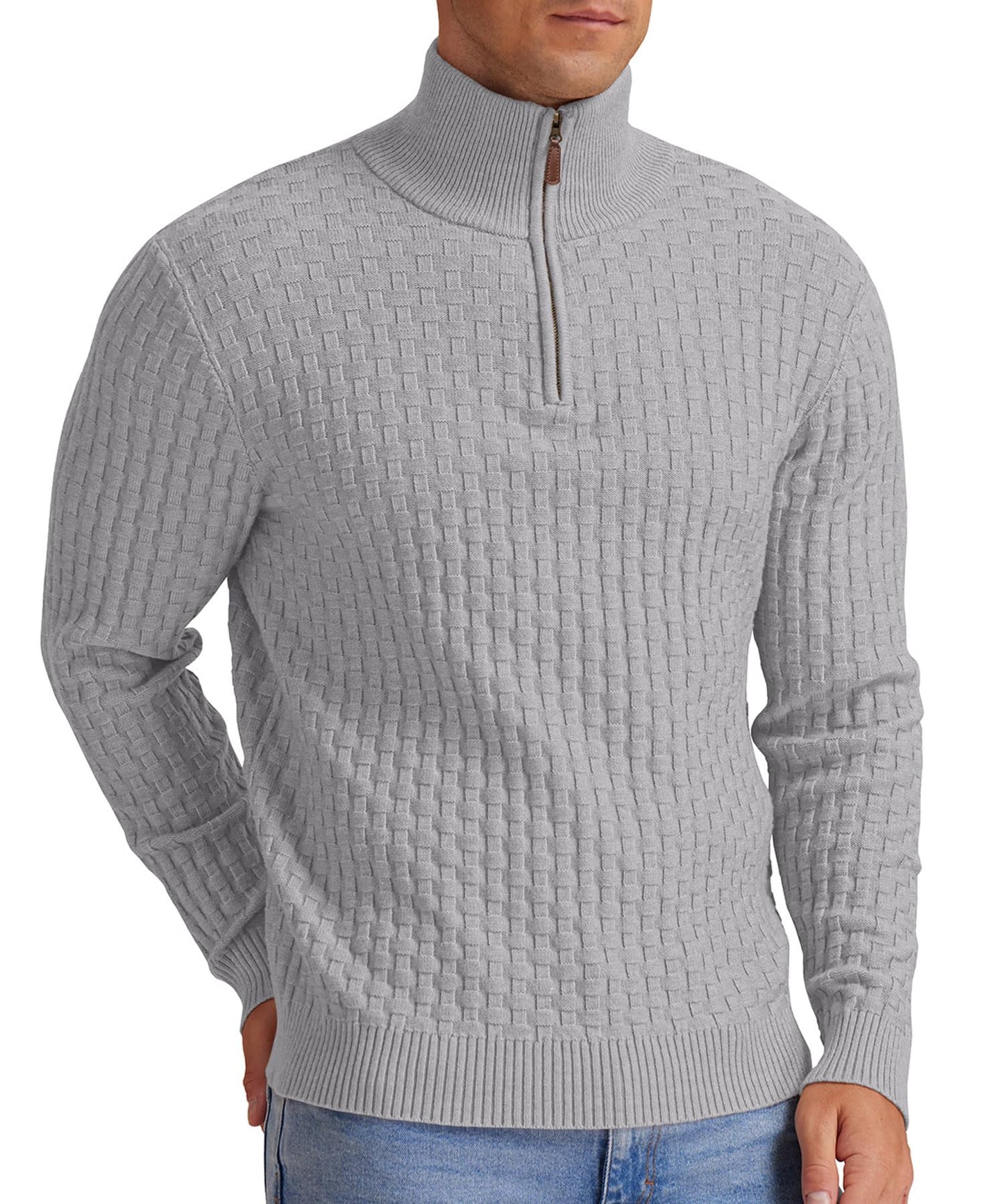 Askdeer Men's Quarter Zip Sweater Waffle Knit Sweater Mock Neck Polo Sweater Casual Pullover Sweater with Ribbing Edge