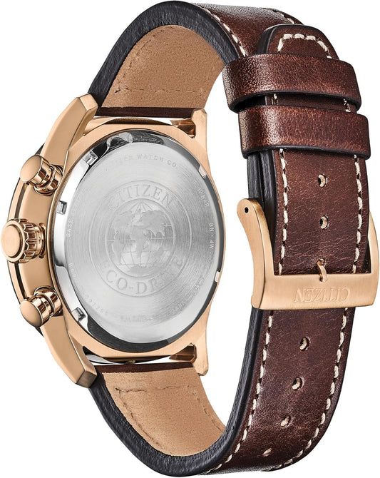 Citizen Men's Eco-Drive Chronograph Sport Casual Avion Watch, Rose Gold Stainless Steel with Brown Leather Strap, Blue Dial (Model: CA4213-18L)