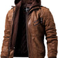 FLAVOR Men Brown Leather Motorcycle Jacket with Removable Hood