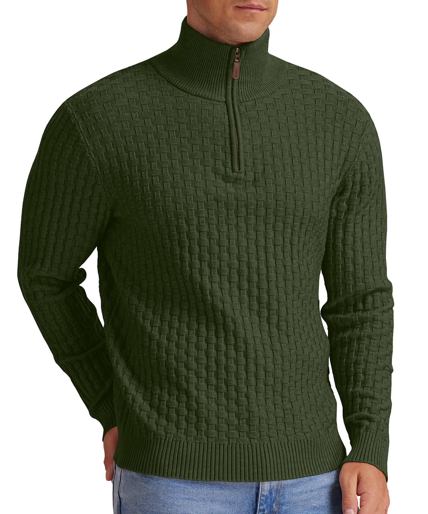 Askdeer Men's Quarter Zip Sweater Waffle Knit Sweater Mock Neck Polo Sweater Casual Pullover Sweater with Ribbing Edge