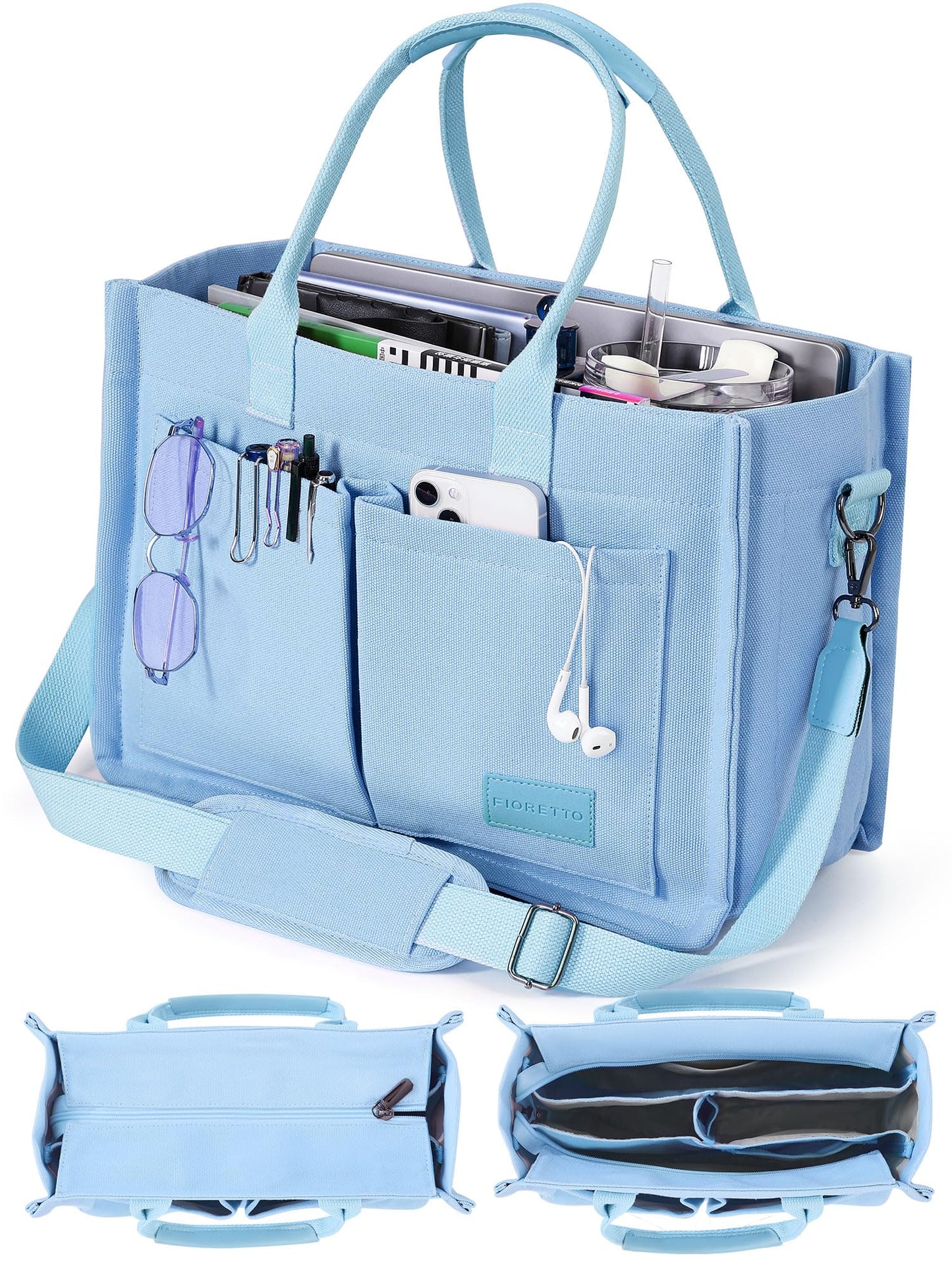 FIORETTO Canvas Tote Bag for Women with Zipper Closure & Individual Compartments for Work College for Teacher & Nurse