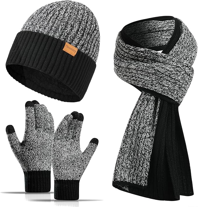 Men's Winter Hat Scarf Gloves Set, 3 PCS Warm Beanie Long Scarf Fleece Lined Touchscreen Gloves for Cold Weather