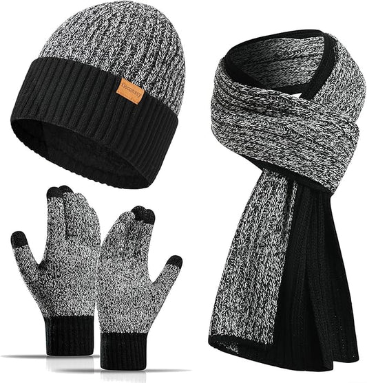 Men's Winter Hat Scarf Gloves Set, 3 PCS Warm Beanie Long Scarf Fleece Lined Touchscreen Gloves for Cold Weather