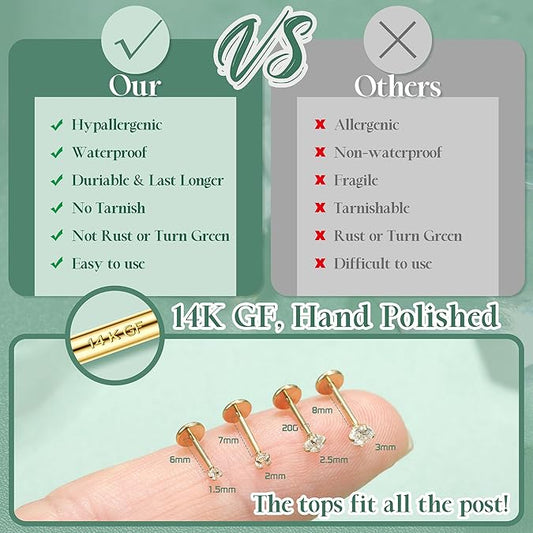 LOLIAS 14K Gold Plated Threadless Nose Studs CZ Nose Rings for Women